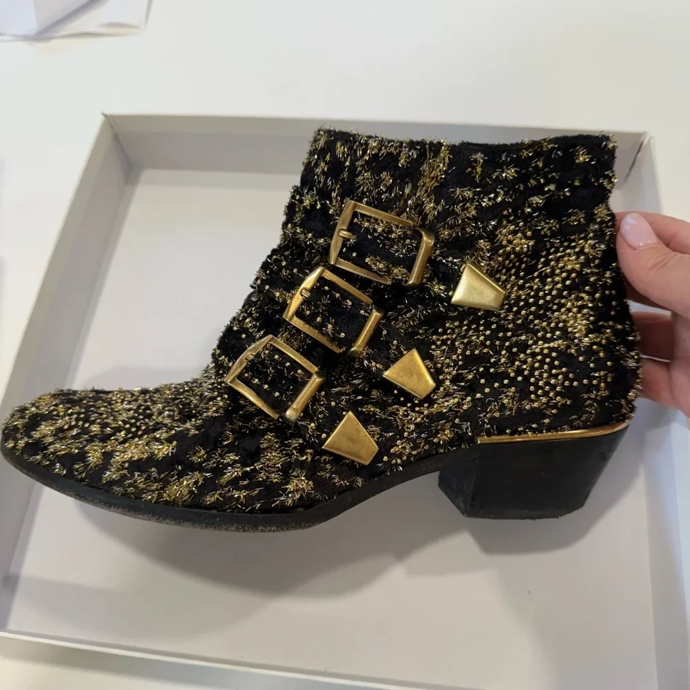 Chloe Susanna Velvet Black and Gold Ankle Boots Sz 39